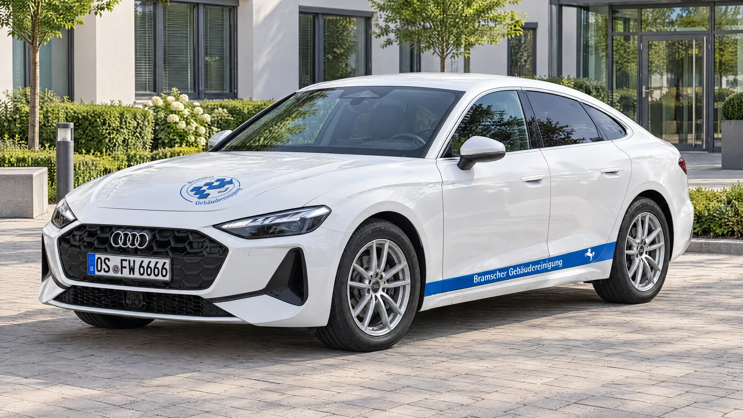 Weißer Audi A5 mit Bramscher-Firmenbeschriftung vor einem Verwaltungsgebäude