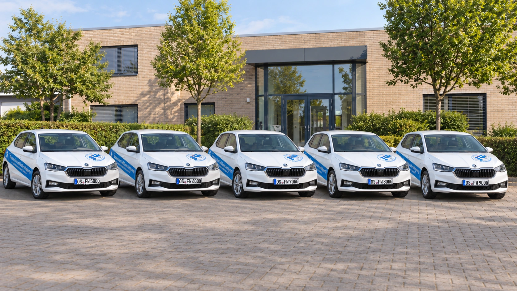 Fünf weiße Škoda Fabia mit Bramscher-Firmenbeschriftung und den Kennzeichen OS FW 5000, OS FW 6000, OS FW 7000, OS FW 8000 und OS FW 9000